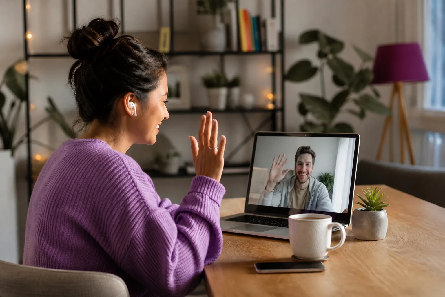 Two people enjoying a relaxed video date from their own homes