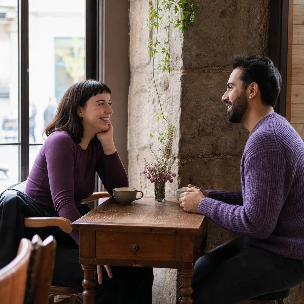 Two adults talking over coffee at a relaxed Edinburgh café