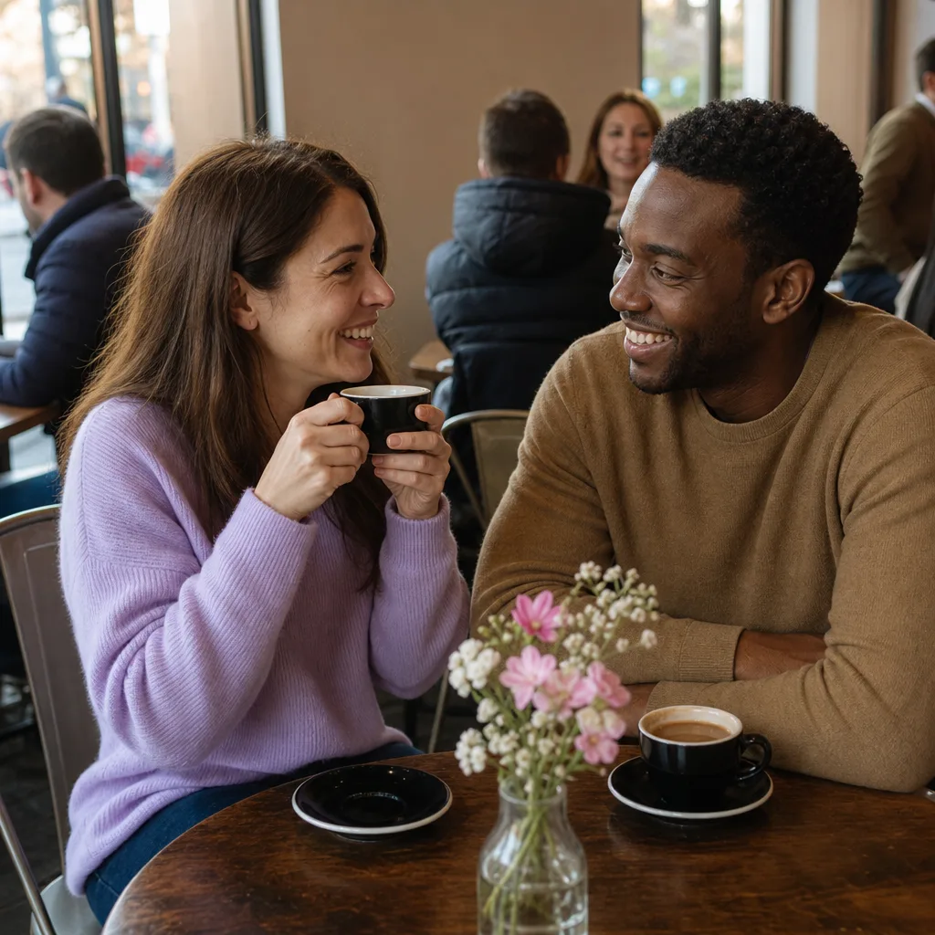 Two adults having a relaxed first-date conversation in a London cafe