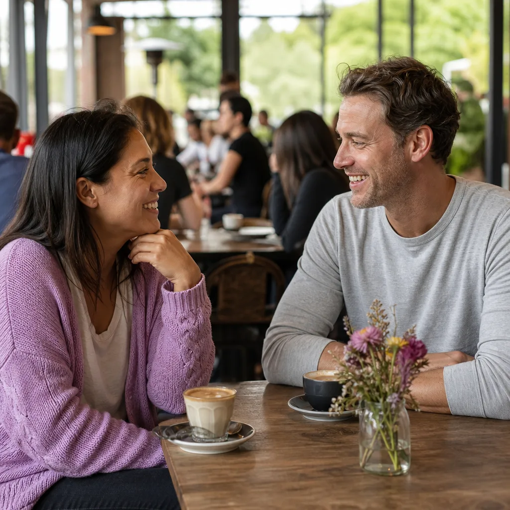 Two adults talking over tea at a public café in Peebles