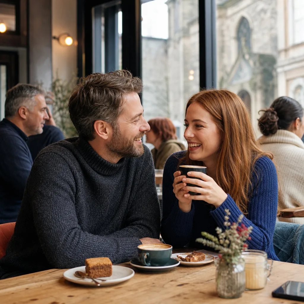 Two adults meeting in a busy public café for a first date